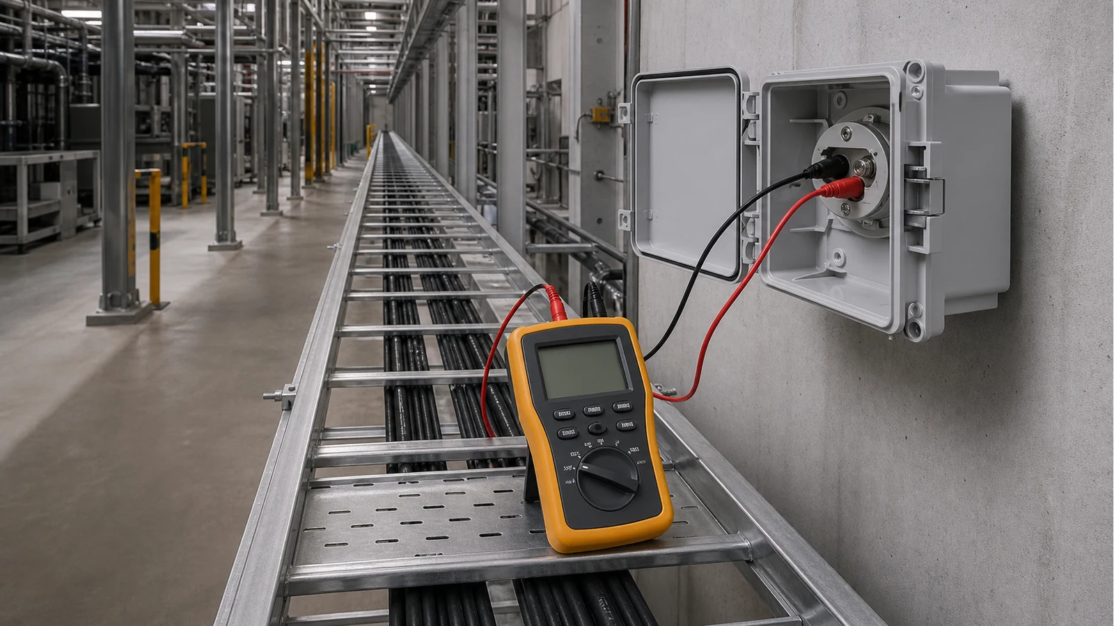 Commissioning engineer using a portable insulation tester on a long UK cable run
